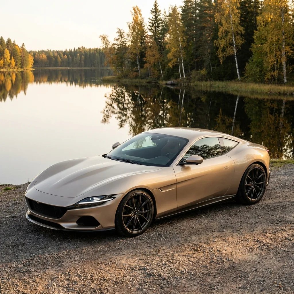 Coupé grand tourisme exotique champagne au bord d’un lac calme, forêt d’automne